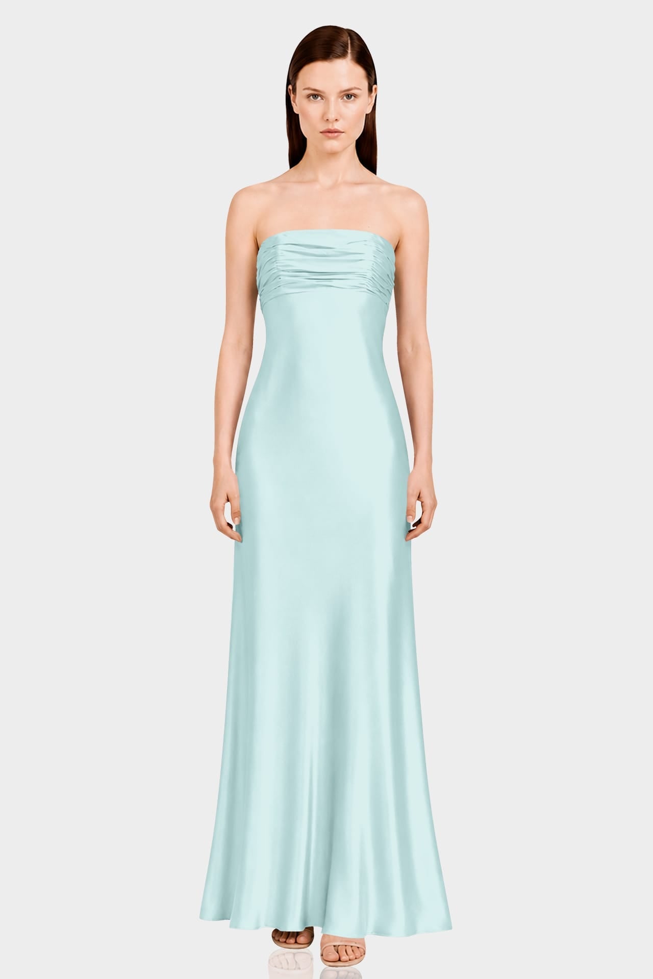 Aqua Green Strapless Ruched Satin Maxi Dress