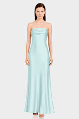 Aqua Green Strapless Ruched Satin Maxi Dress