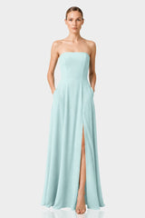 Aqua Green Strapless Front Slit Satin Georgette Maxi Dress