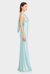 Aqua Green Twist Halter Satin Maxi Dress