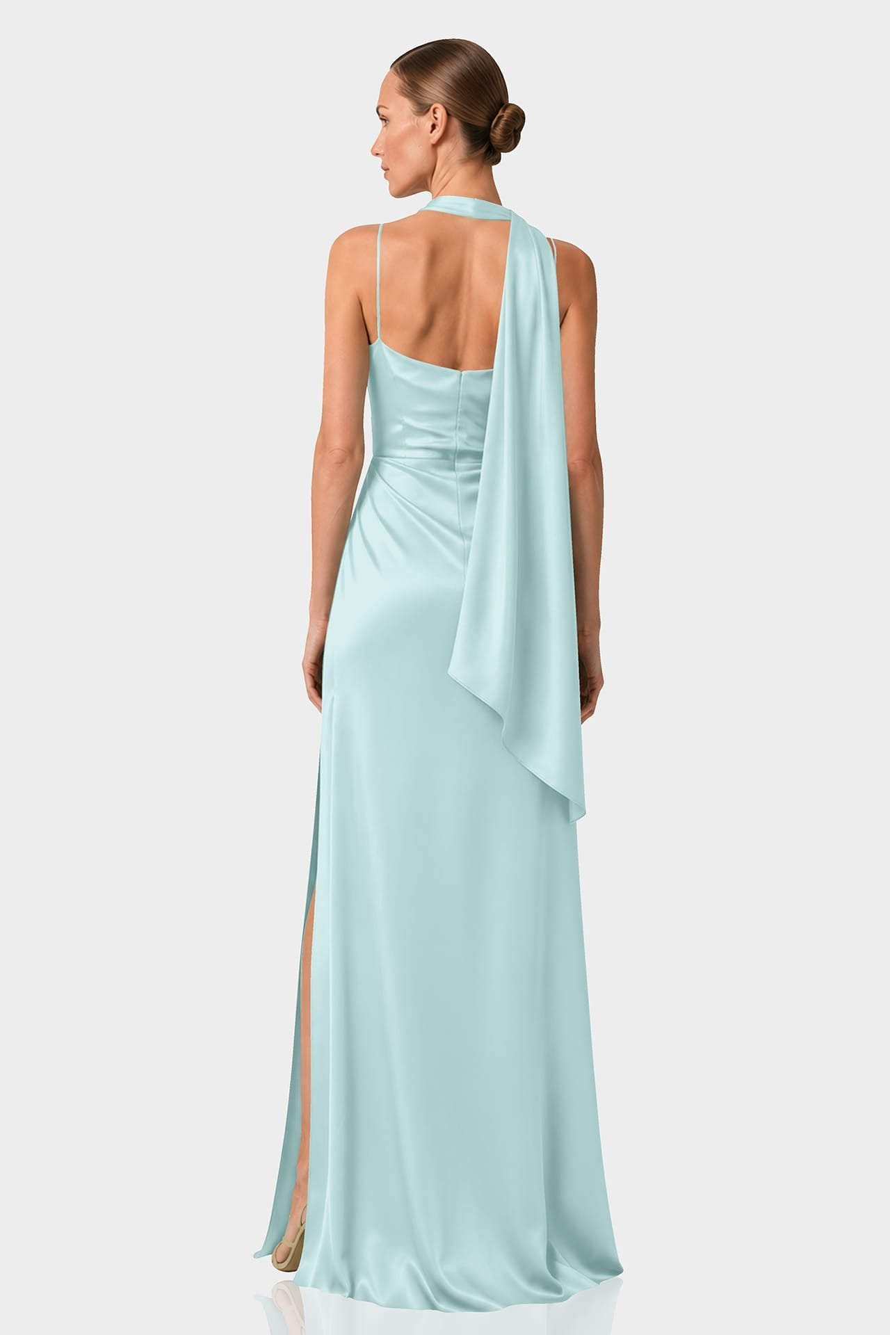 Aqua Green Square Neckline Draped Satin Maxi Dress