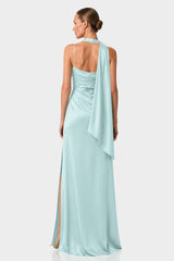 Aqua Green Square Neckline Draped Satin Maxi Dress