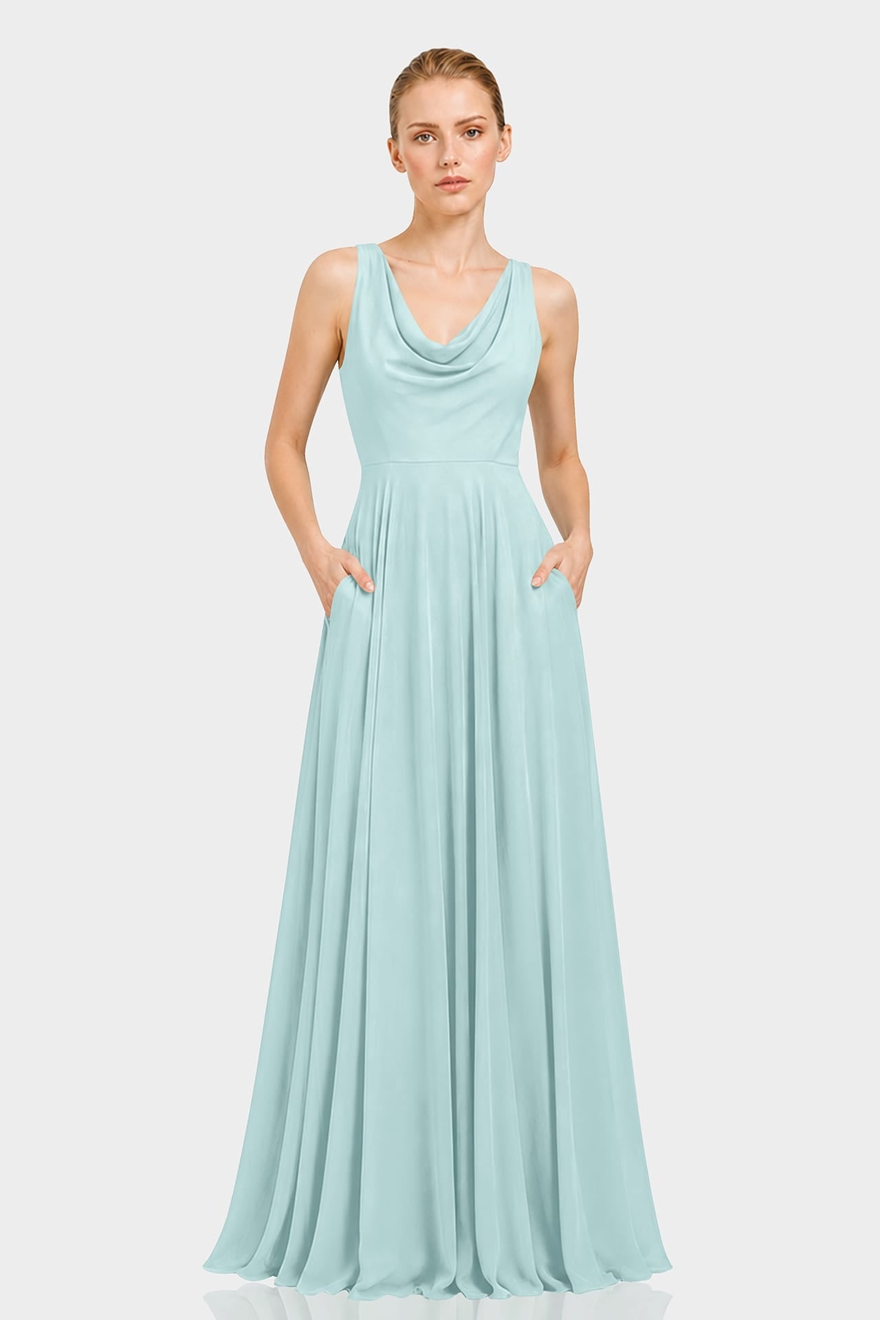 Aqua Green Cowl Neck Chiffon Fit & Flare Maxi Dress