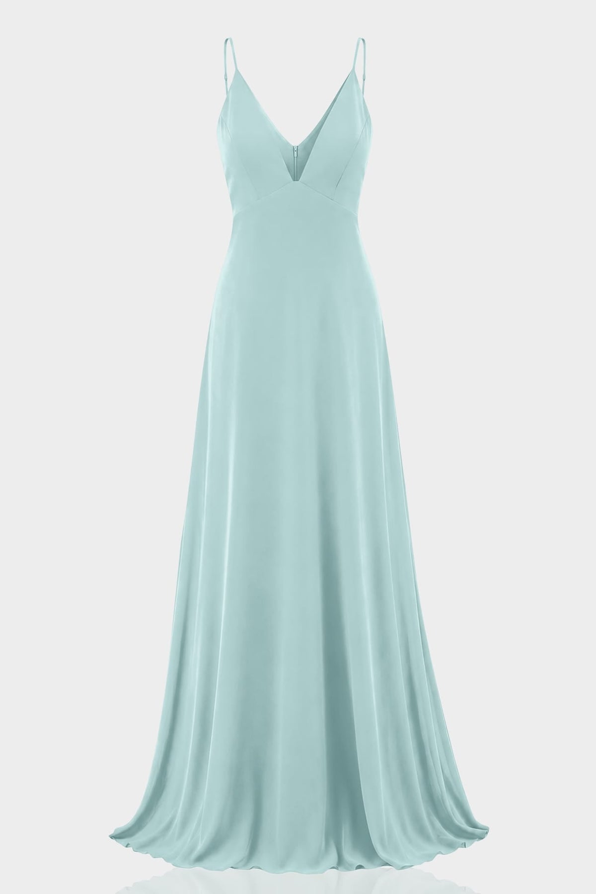 Aqua Green Spaghetti Strap Plunge V-Neck Satin Fit & Flare Maxi Dress