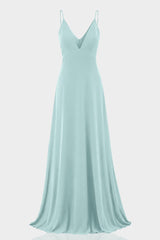 Aqua Green Spaghetti Strap Plunge V-Neck Satin Fit & Flare Maxi Dress