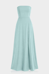 Aqua Green Strapless Front Slit Satin Georgette Maxi Dress