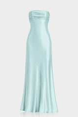 Aqua Green Strapless Ruched Satin Maxi Dress
