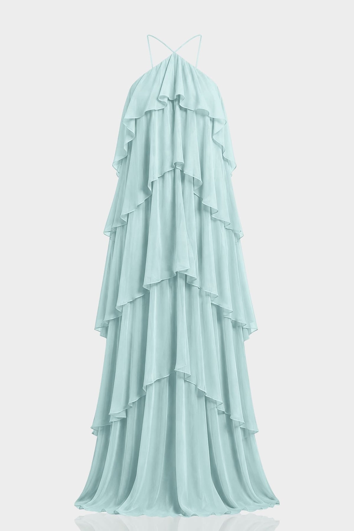 Aqua Green Tiered Ruffle Halter Chiffon Maxi Dress