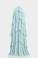 Aqua Green Tiered Ruffle Halter Chiffon Maxi Dress
