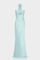 Aqua Green Twist Halter Satin Maxi Dress