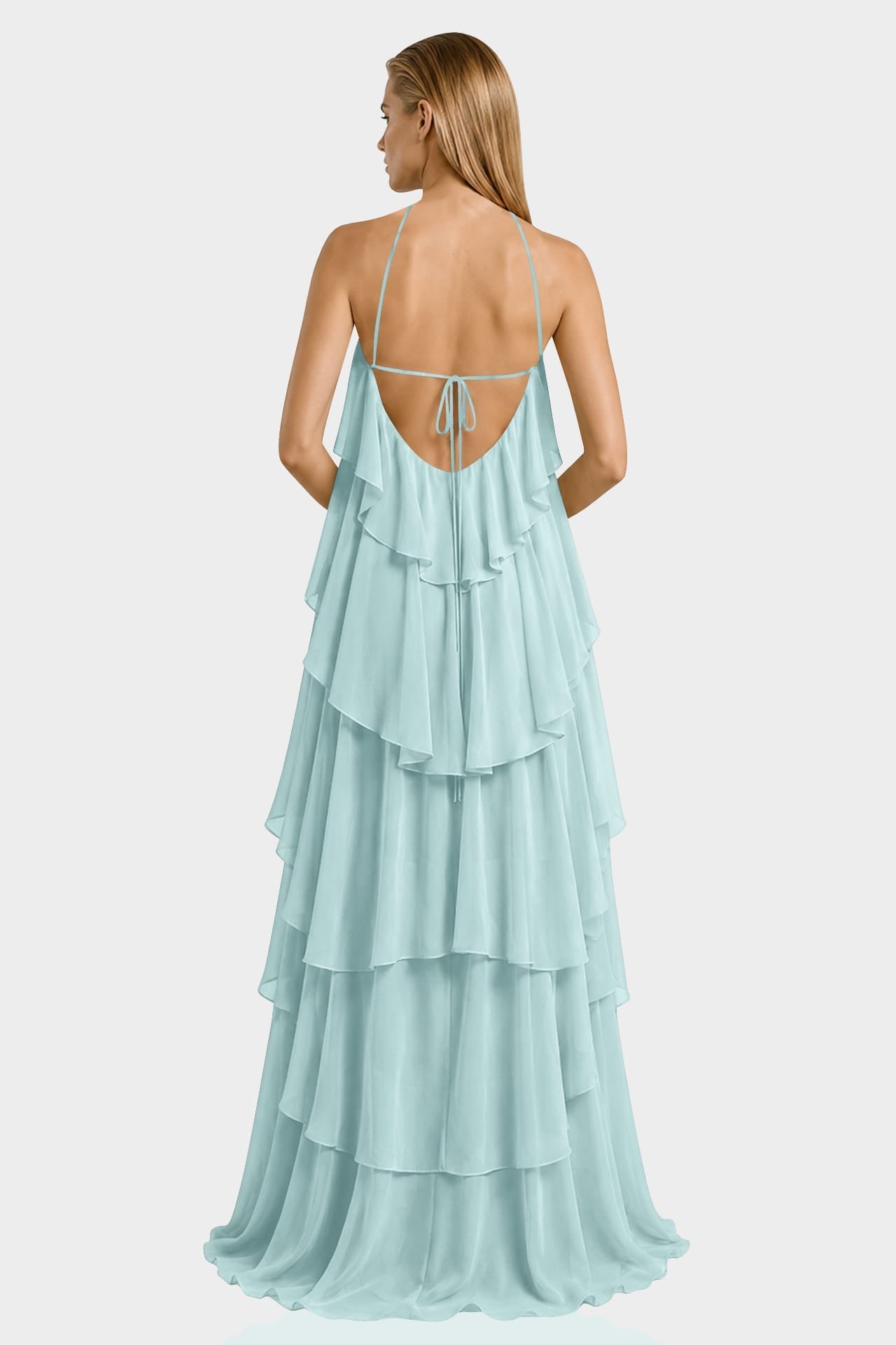 Aqua Green Tiered Ruffle Halter Chiffon Maxi Dress