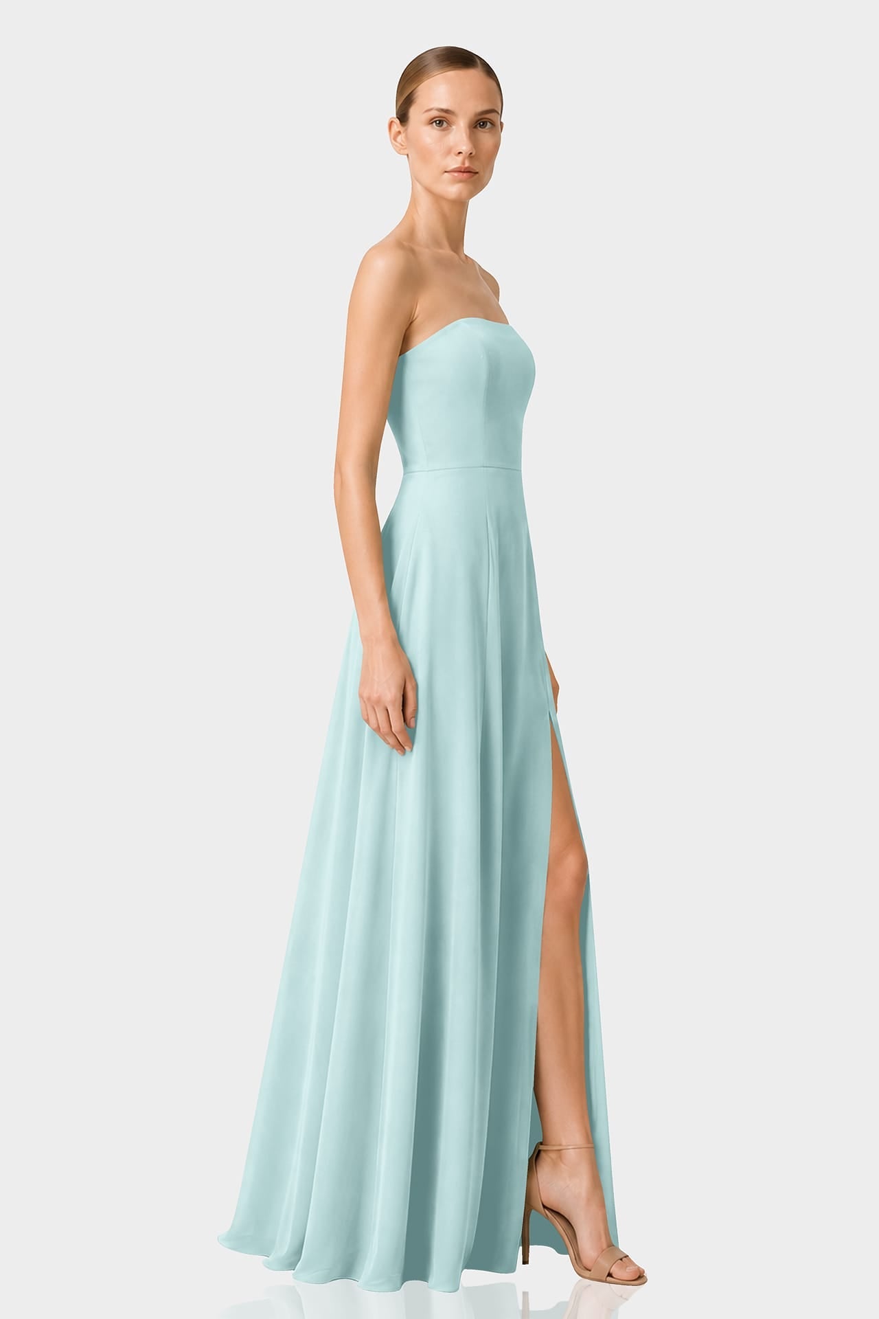 Aqua Green Strapless Front Slit Satin Georgette Maxi Dress