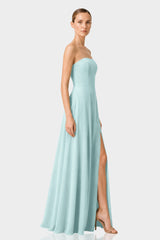 Aqua Green Strapless Front Slit Satin Georgette Maxi Dress