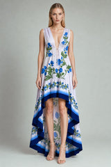 Blue Floral High-Low Maxi Dress with Deep V Neckline