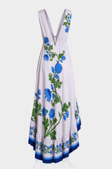 Blue Floral High-Low Maxi Dress with Deep V Neckline