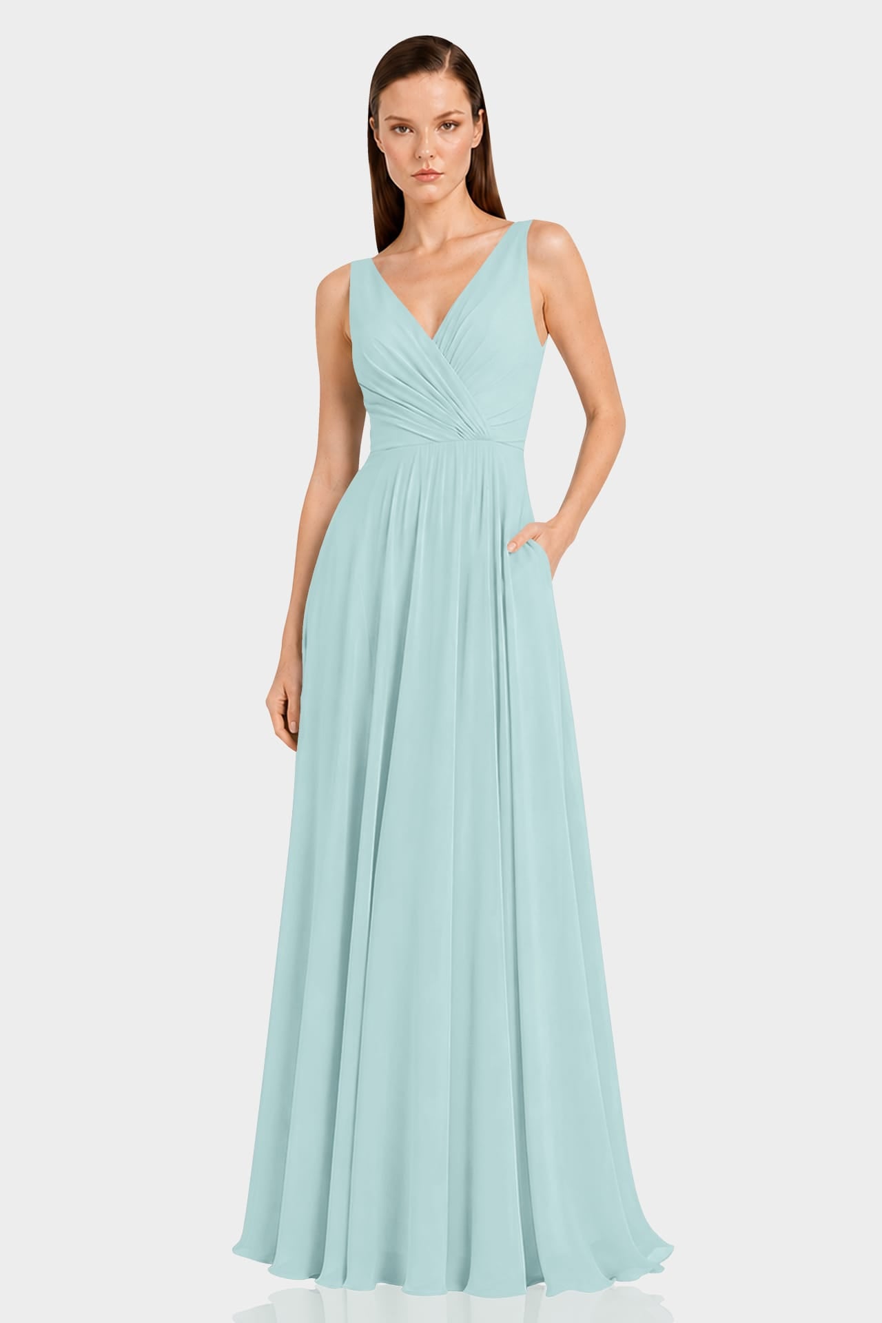 Aqua Green Fit & Flare V-Neck Chiffon Maxi Dress