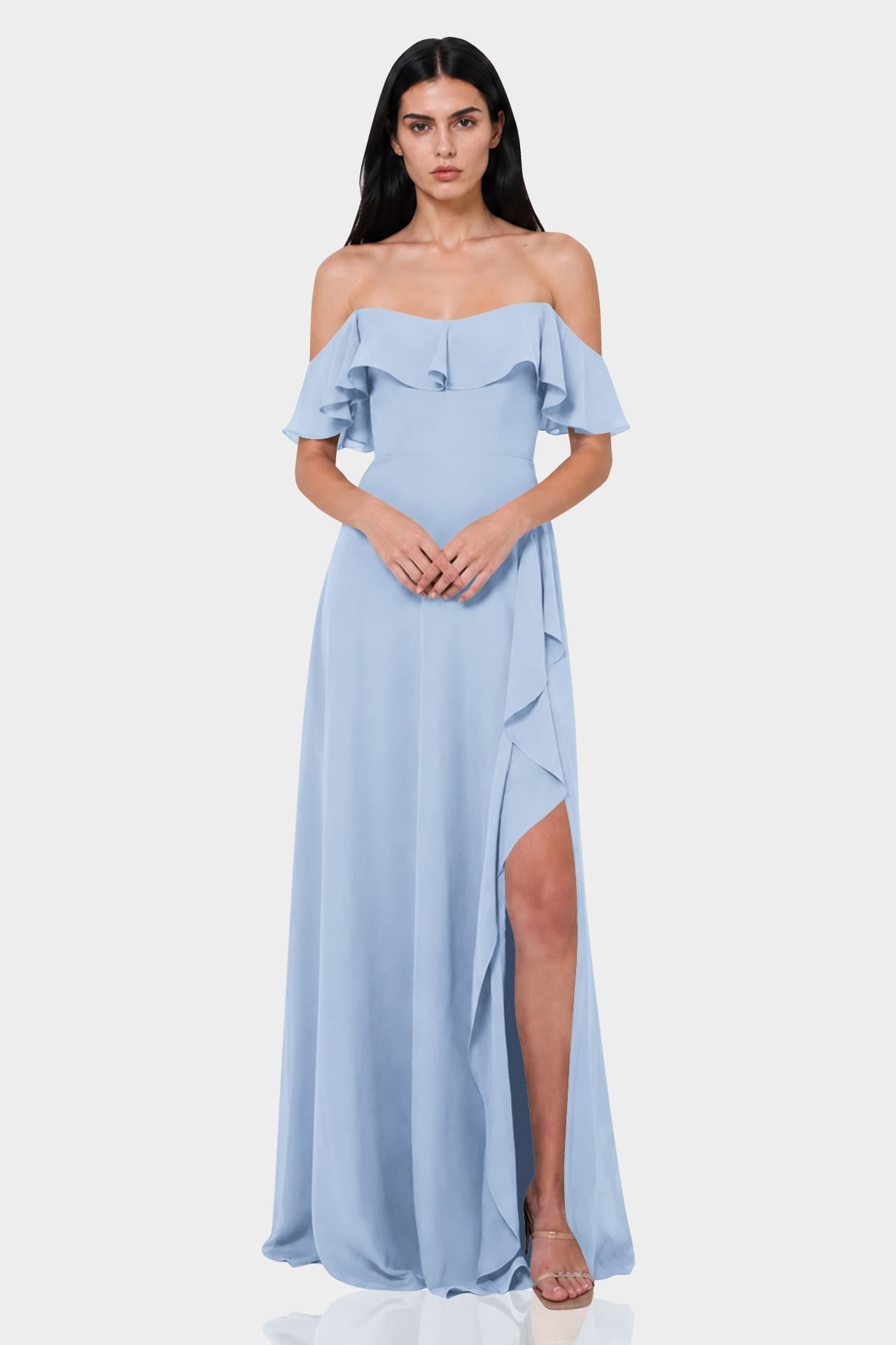 Blue Off-the-Shoulder Chiffon Maxi Dress with Ruffles