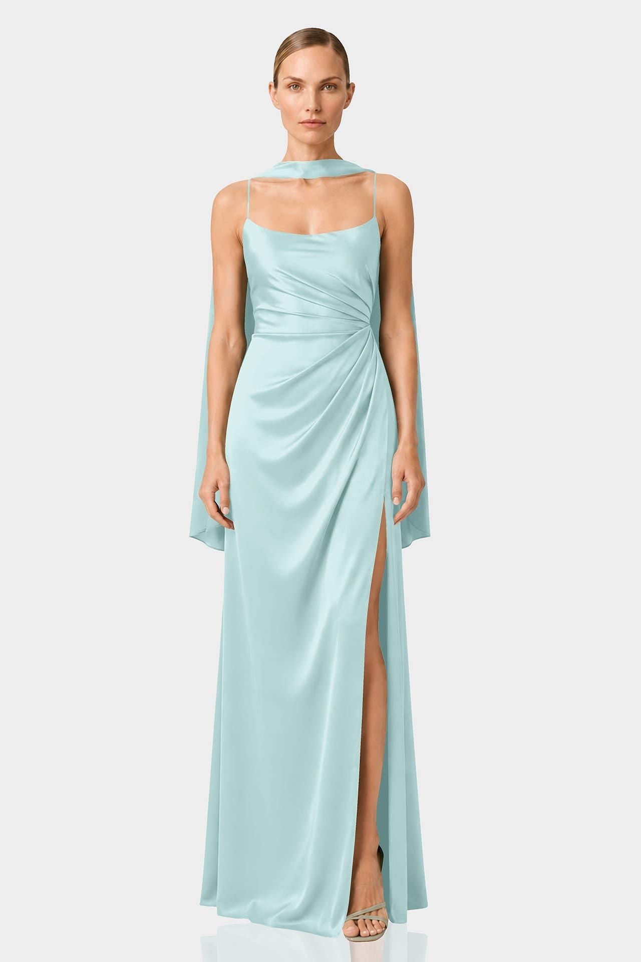 Aqua Green Square Neckline Draped Satin Maxi Dress