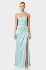 Aqua Green Square Neckline Draped Satin Maxi Dress