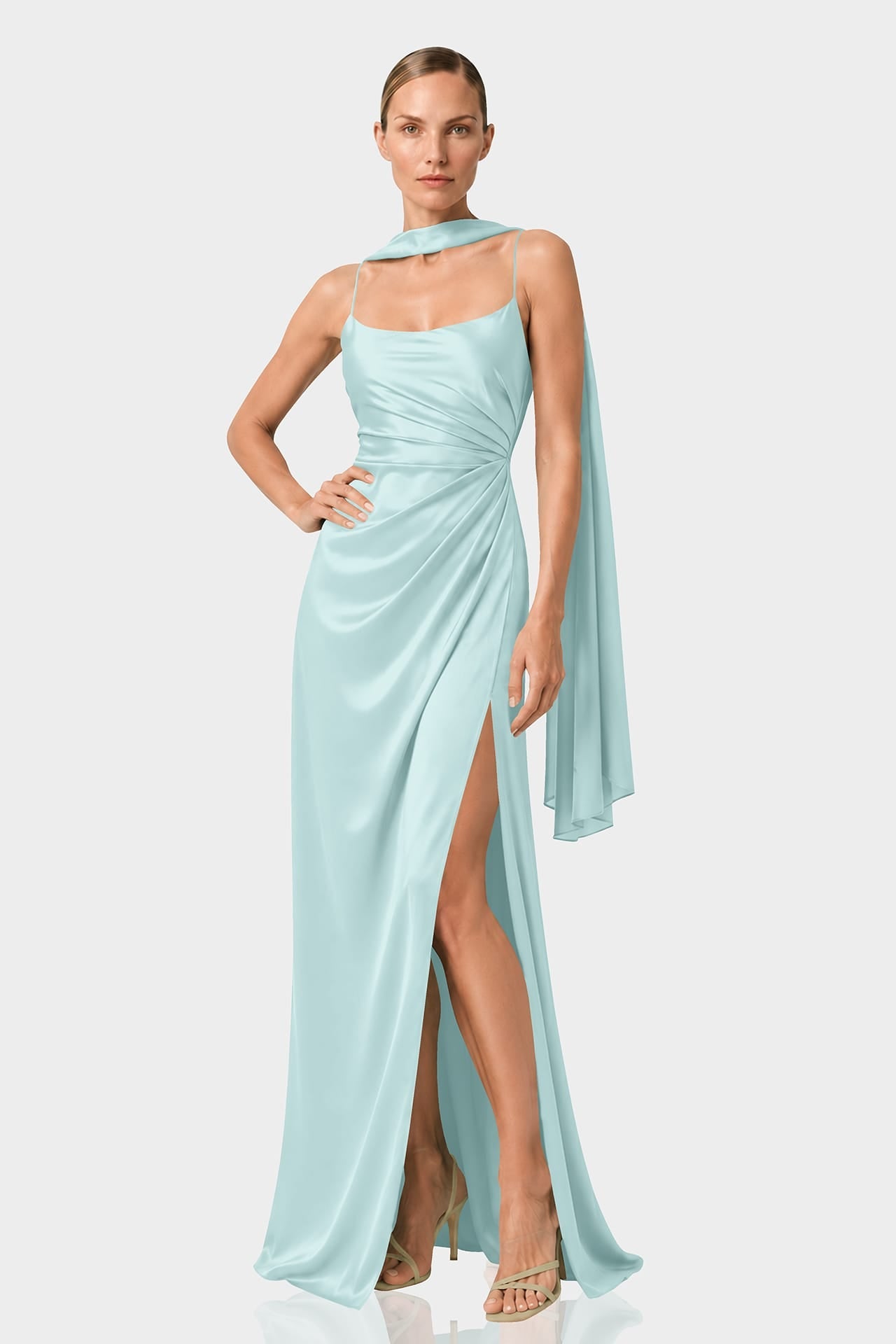 Aqua Green Square Neckline Draped Satin Maxi Dress