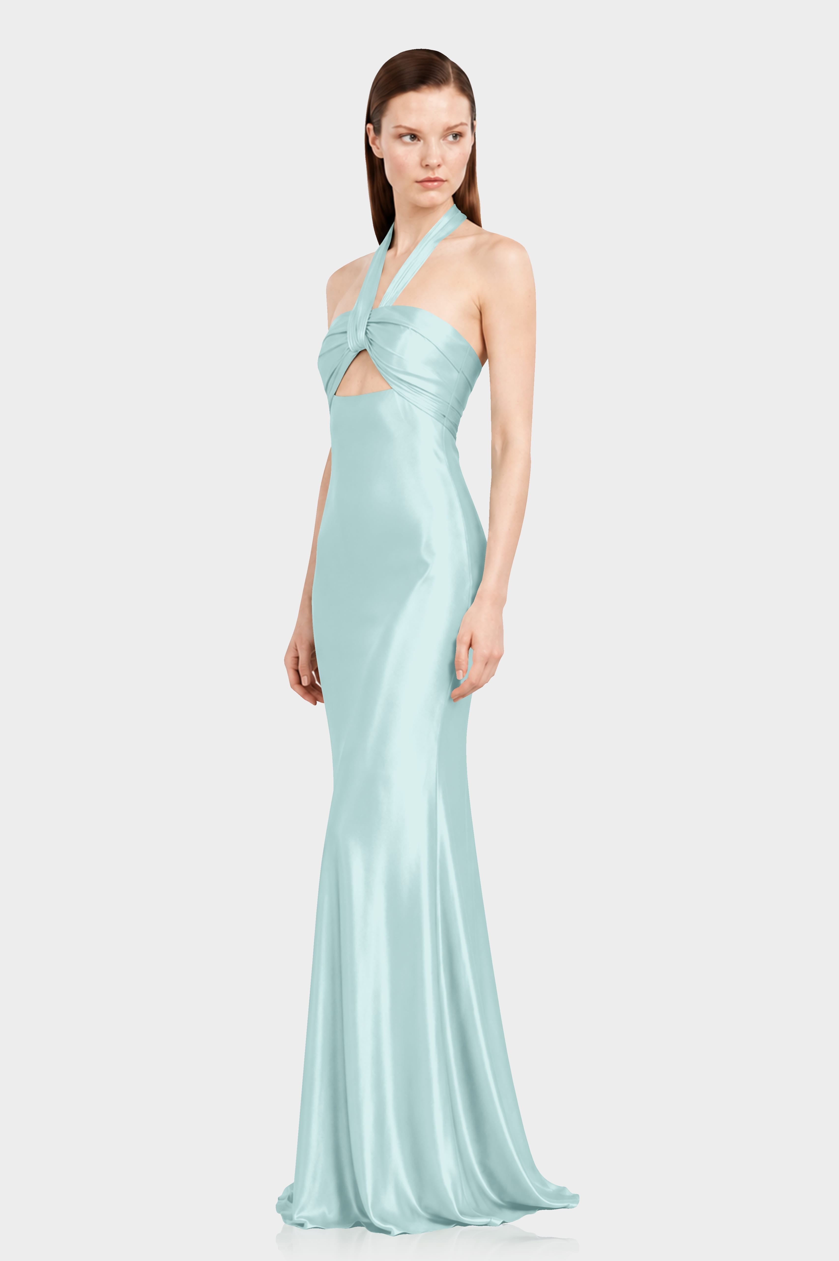 Aqua Green Twist Halter Satin Maxi Dress