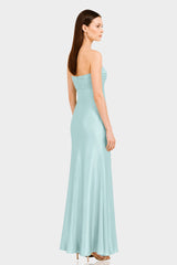 Aqua Green Strapless Ruched Satin Maxi Dress