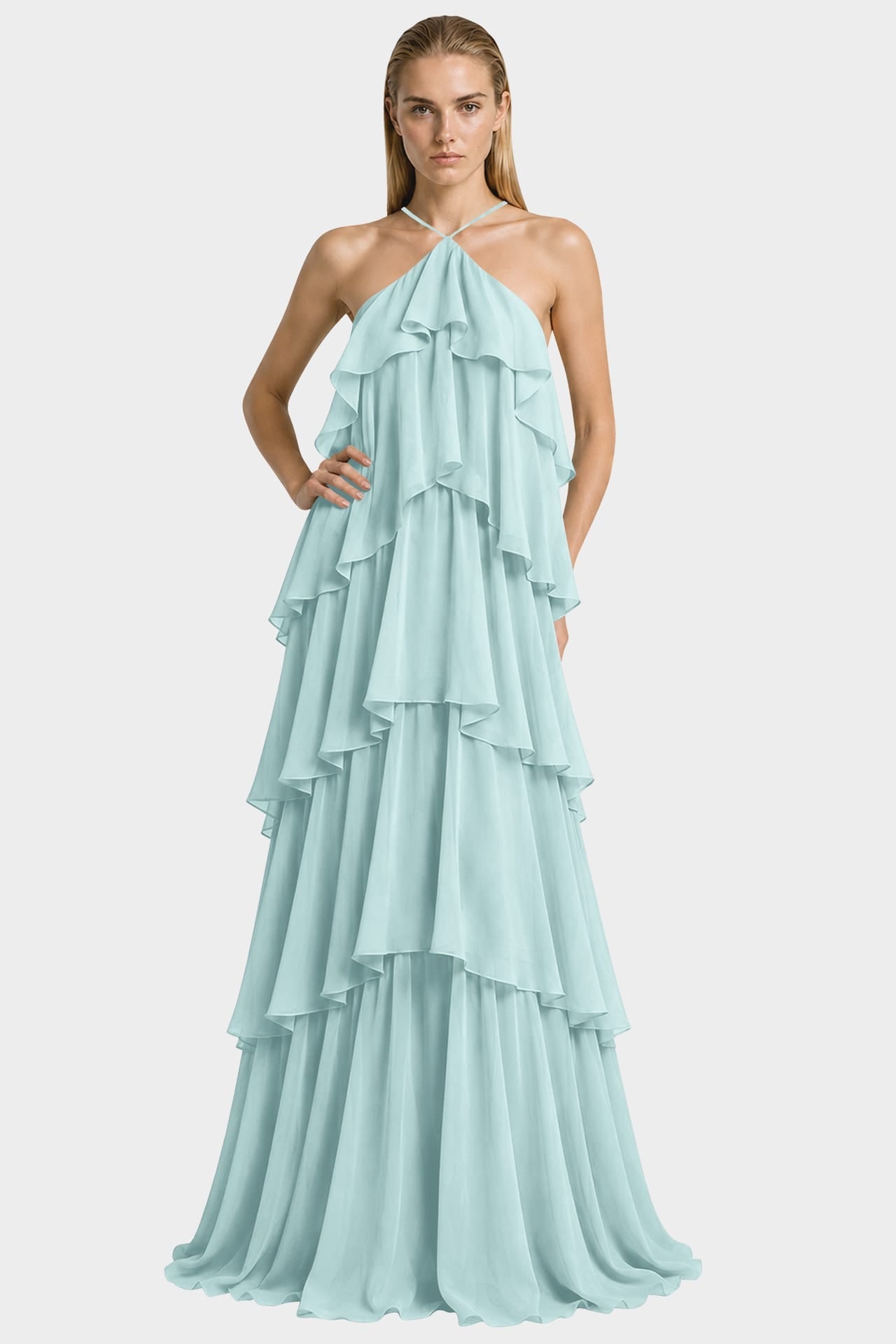 Aqua Green Tiered Ruffle Halter Chiffon Maxi Dress