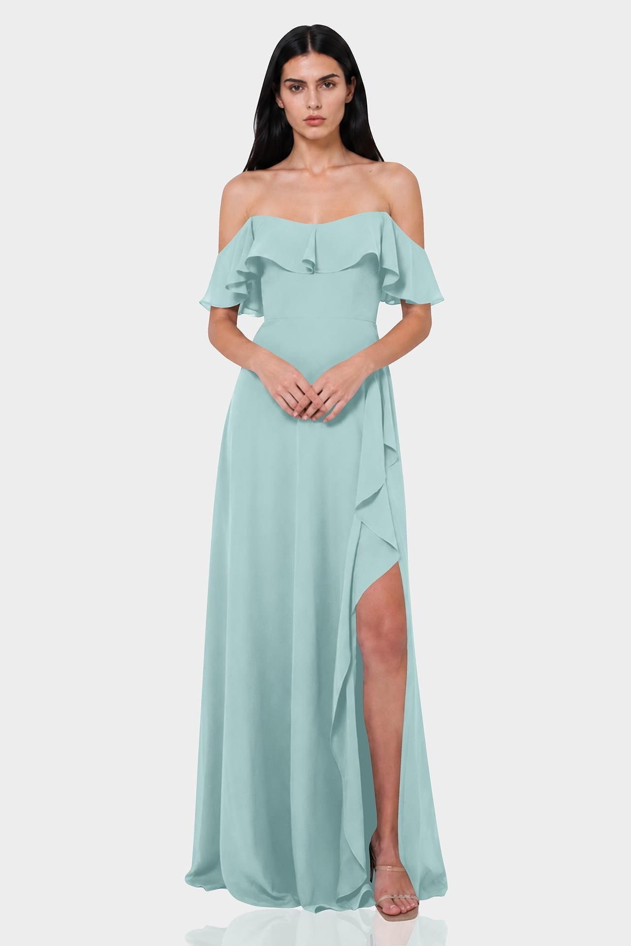 Aqua Green Off-Shoulder Ruffle Chiffon Fit & Flare Maxi Dress