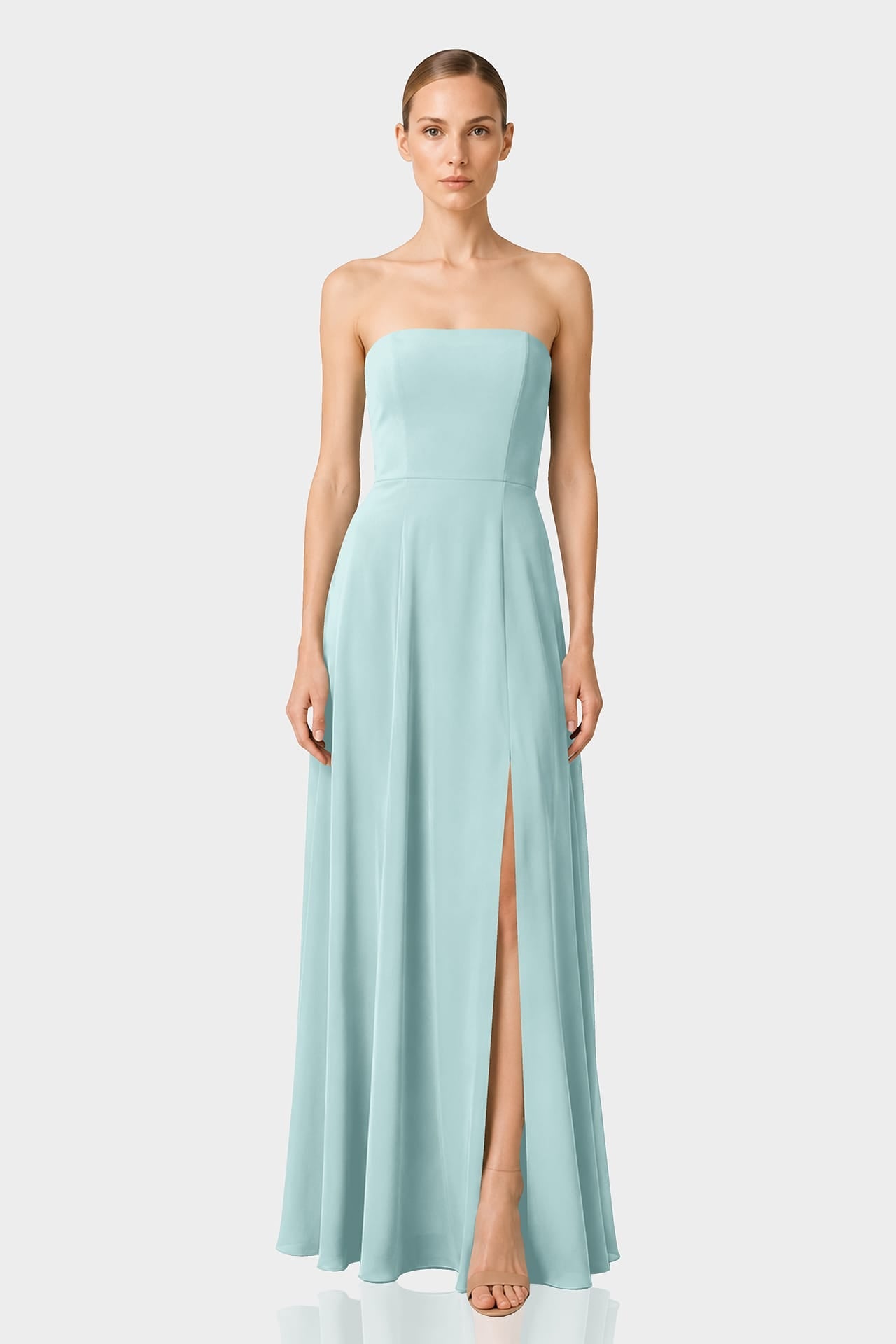 Aqua Green Strapless Front Slit Satin Georgette Maxi Dress