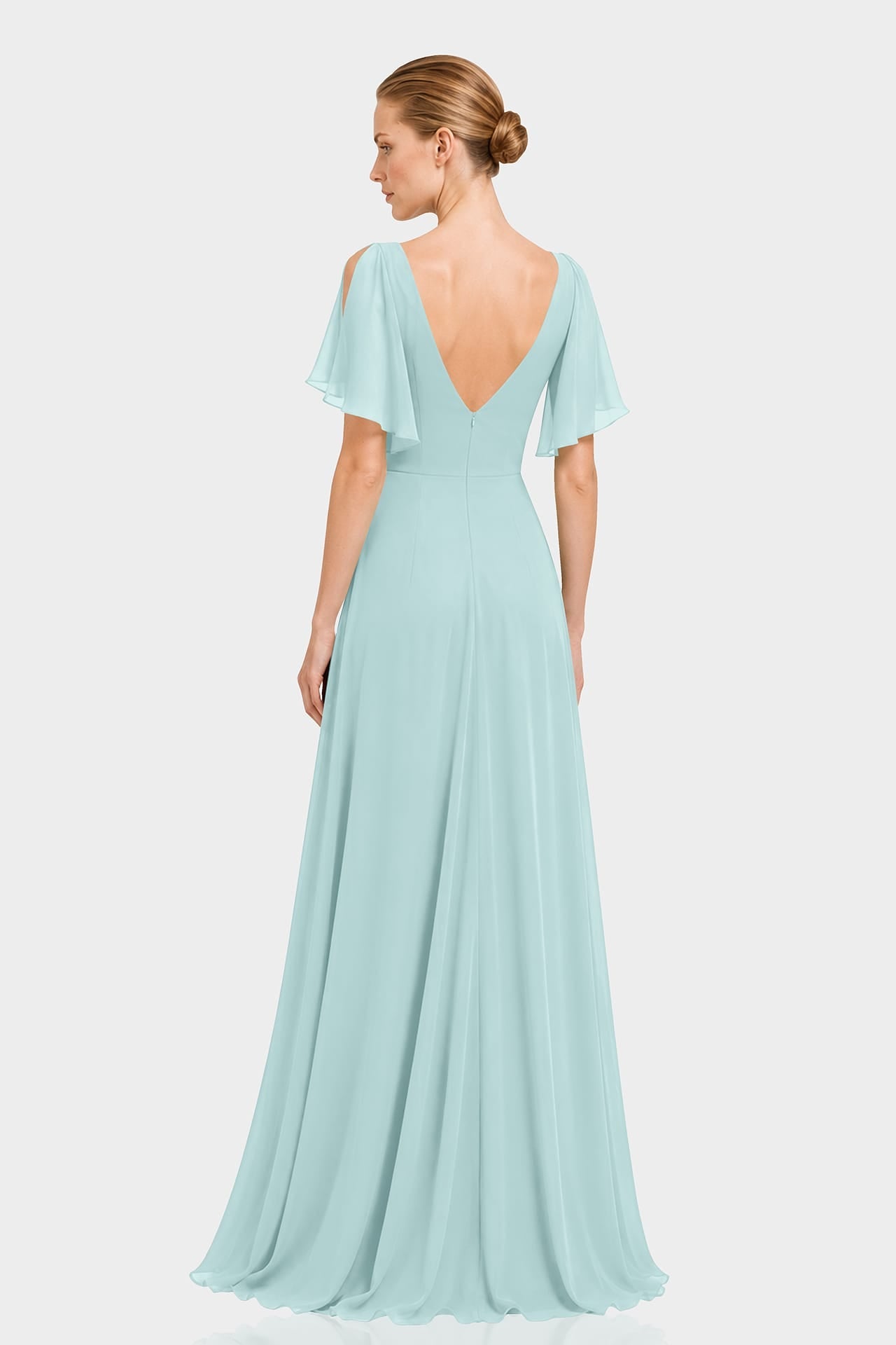 Aqua Green Flutter Sleeve Cold Shoulder Chiffon Maxi Dress
