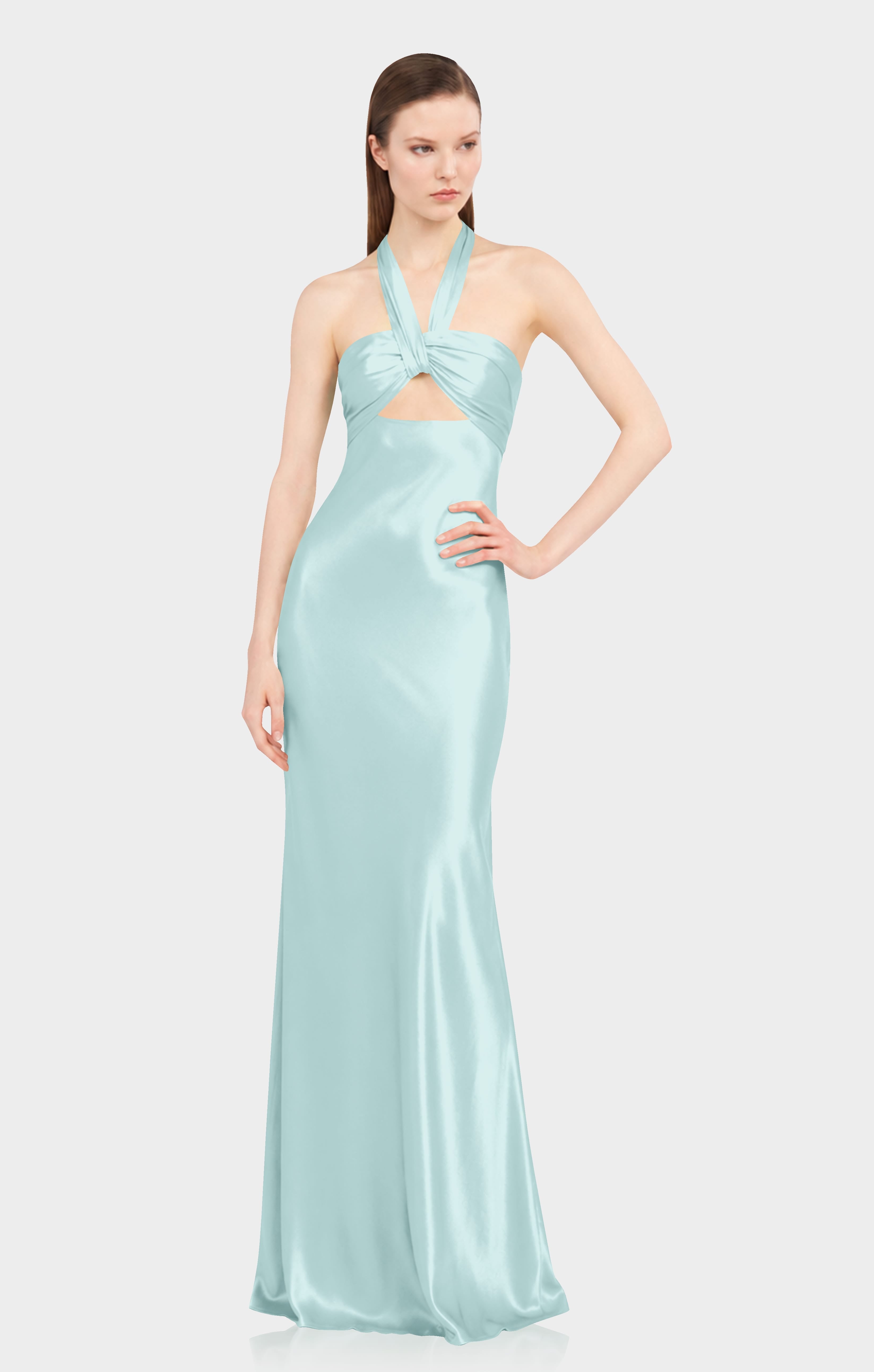 Aqua Green Twist Halter Satin Maxi Dress