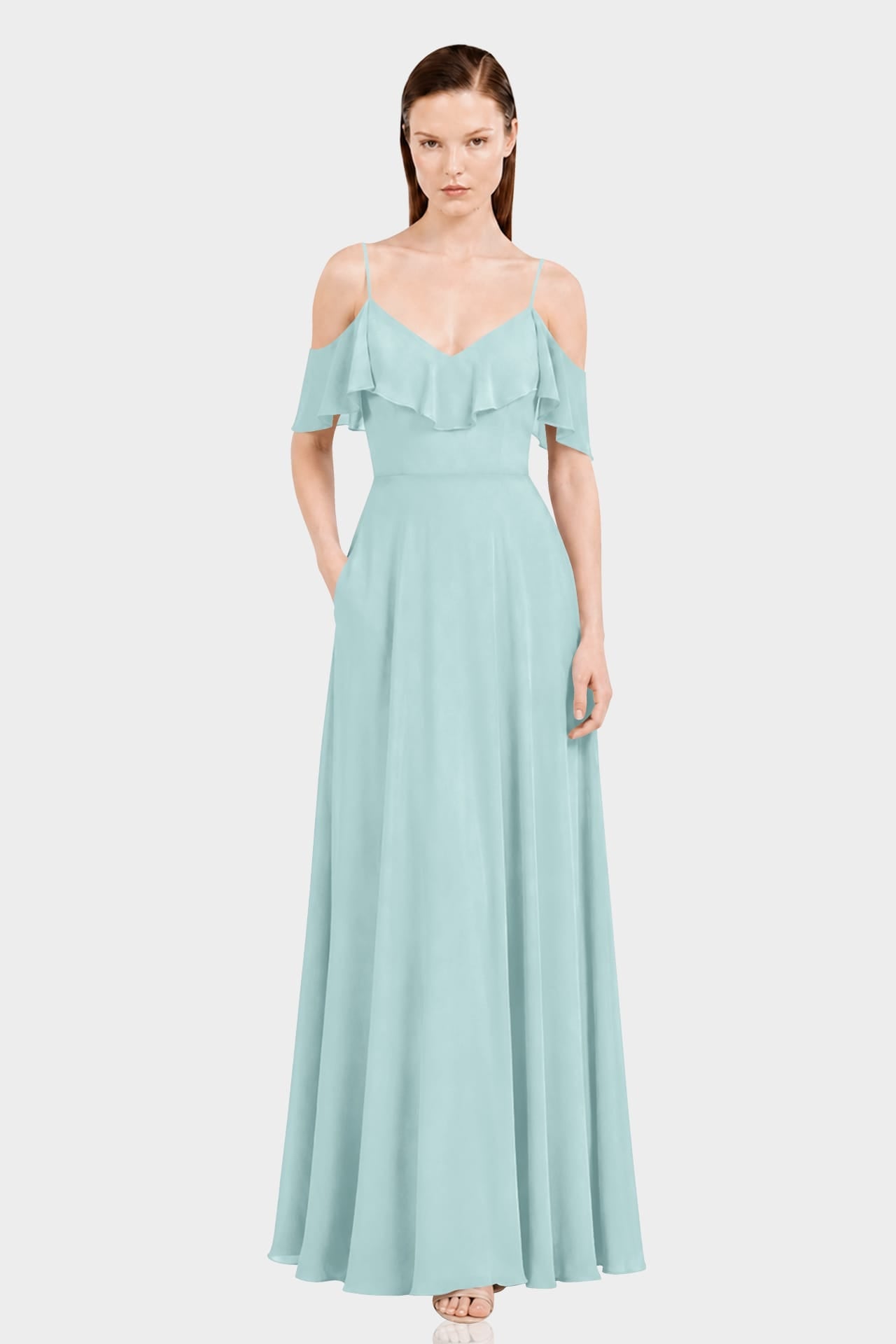 Aqua Green Off-Shoulder Ruffle Chiffon Fit & Flare Maxi Dress