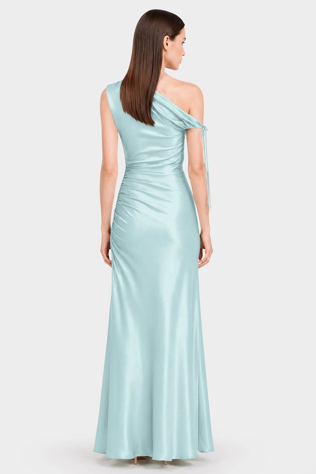 Aqua Green One Shoulder Ruched Satin Maxi Dress