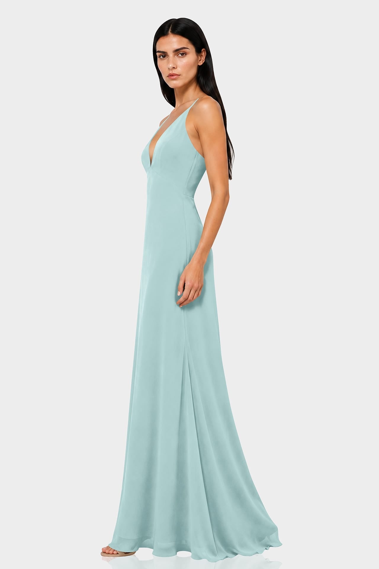 Aqua Green Spaghetti Strap Plunge V-Neck Satin Fit & Flare Maxi Dress