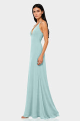 Aqua Green Spaghetti Strap Plunge V-Neck Satin Fit & Flare Maxi Dress