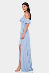 Blue Off-the-Shoulder Chiffon Maxi Dress with Ruffles
