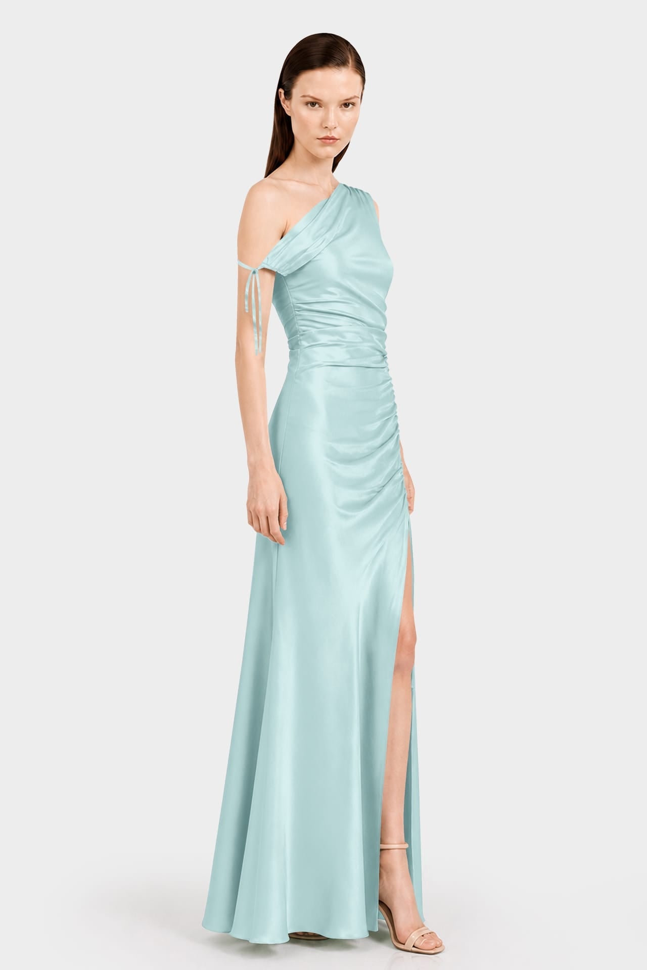 Aqua Green One Shoulder Ruched Satin Maxi Dress