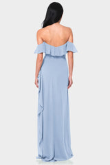 Blue Off-the-Shoulder Chiffon Maxi Dress with Ruffles