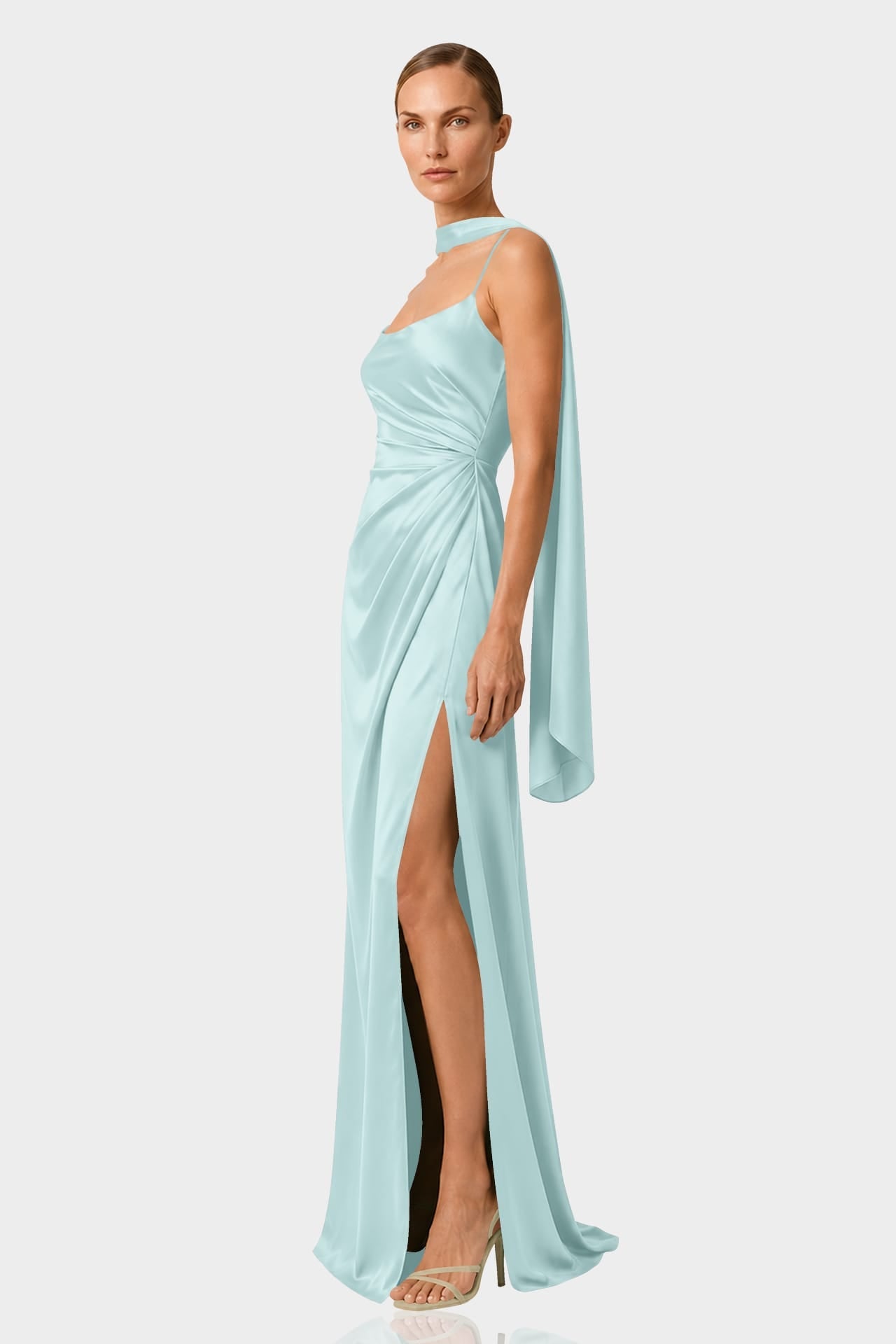 Aqua Green Square Neckline Draped Satin Maxi Dress