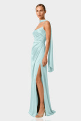Aqua Green Square Neckline Draped Satin Maxi Dress