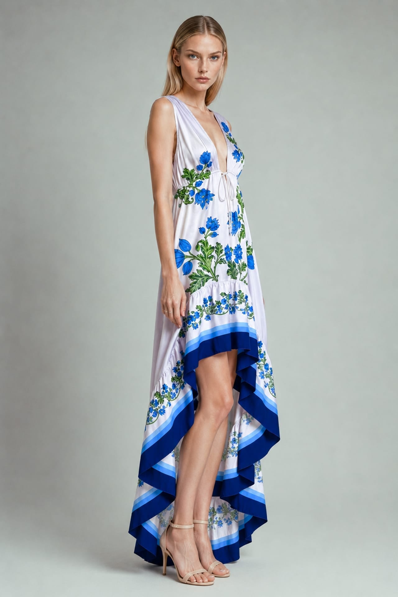 Blue Floral High-Low Maxi Dress with Deep V Neckline