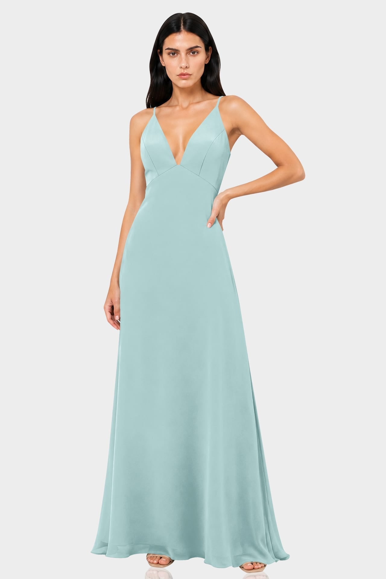 Aqua Green Spaghetti Strap Plunge V-Neck Satin Fit & Flare Maxi Dress