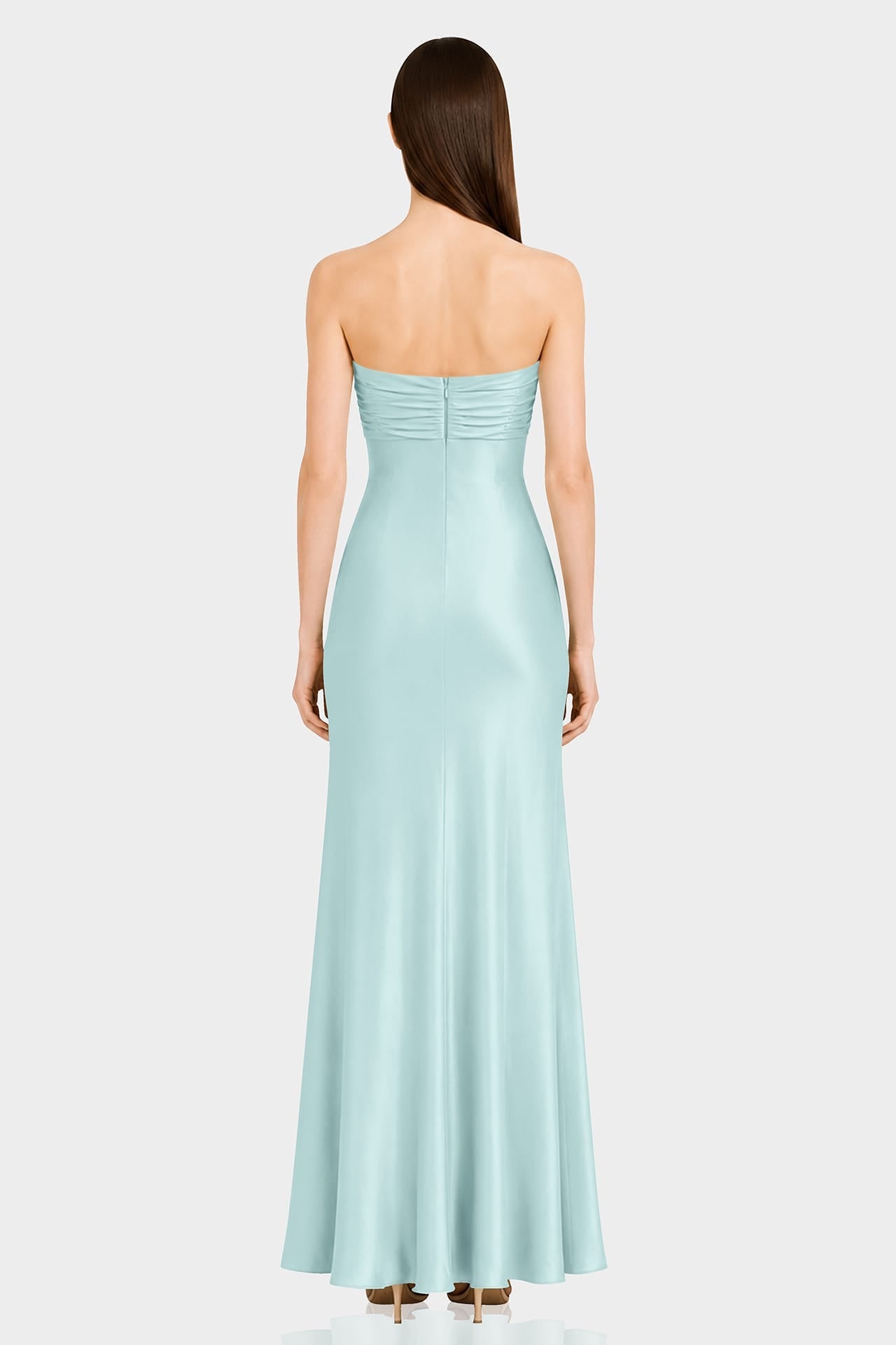 Aqua Green Strapless Ruched Satin Maxi Dress
