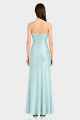 Aqua Green Strapless Ruched Satin Maxi Dress