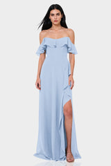 Blue Off-the-Shoulder Chiffon Maxi Dress with Ruffles