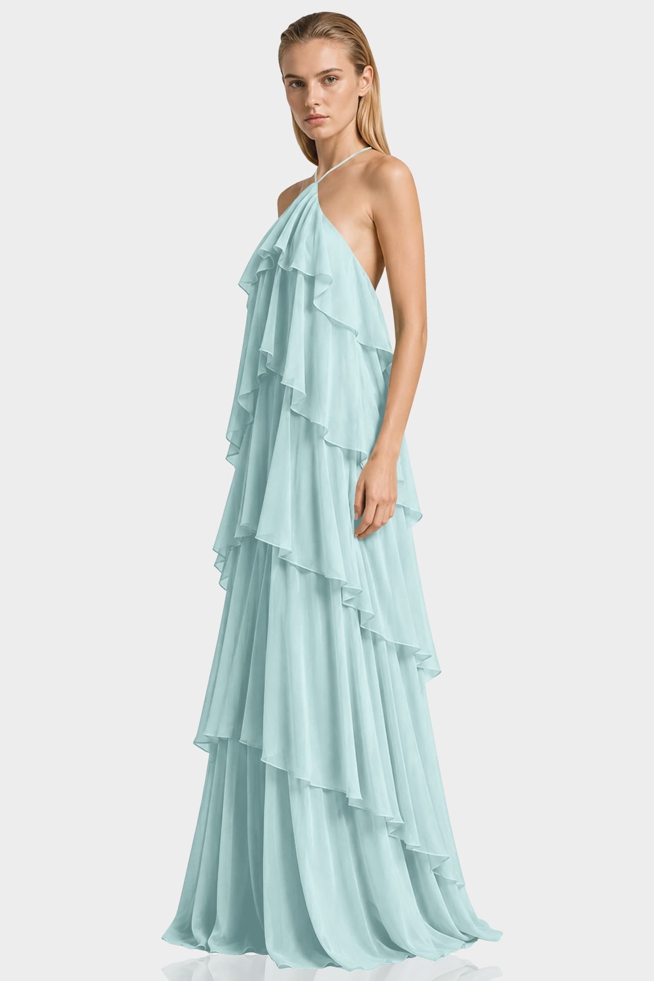 Aqua Green Tiered Ruffle Halter Chiffon Maxi Dress