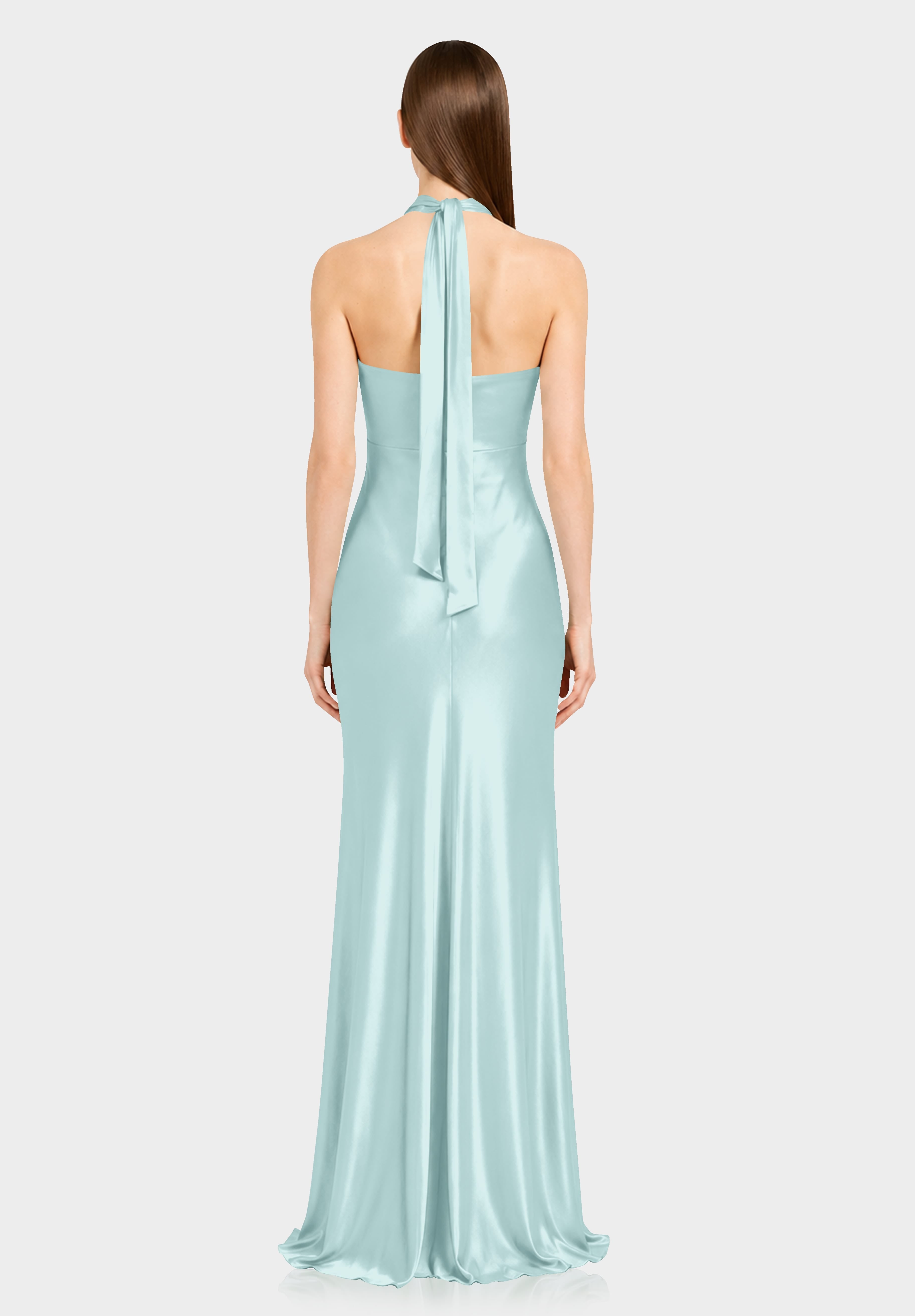 Aqua Green Twist Halter Satin Maxi Dress
