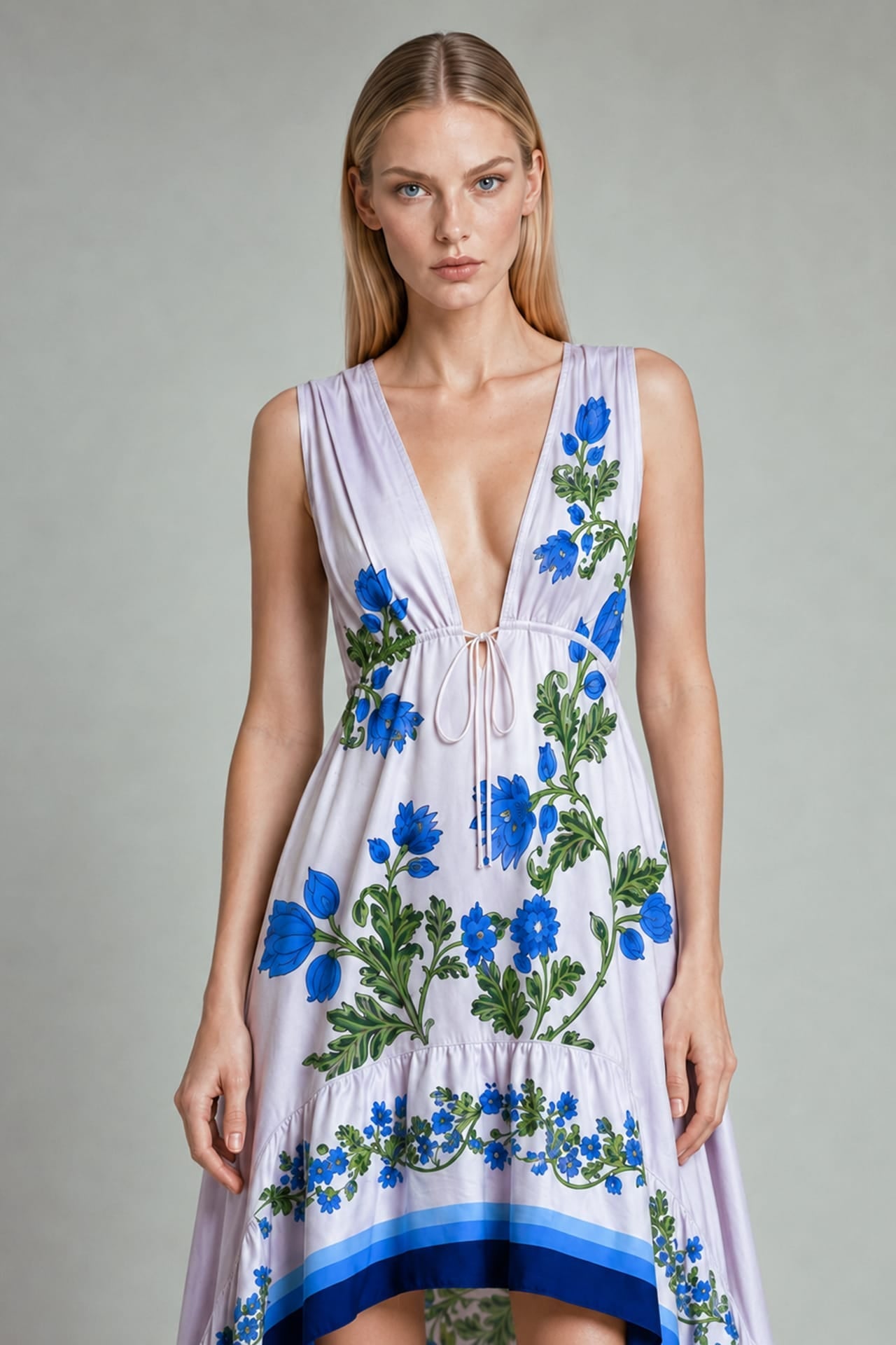 Blue Floral High-Low Maxi Dress with Deep V Neckline
