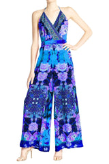 Azure Floral Print Backless Jumpsuit