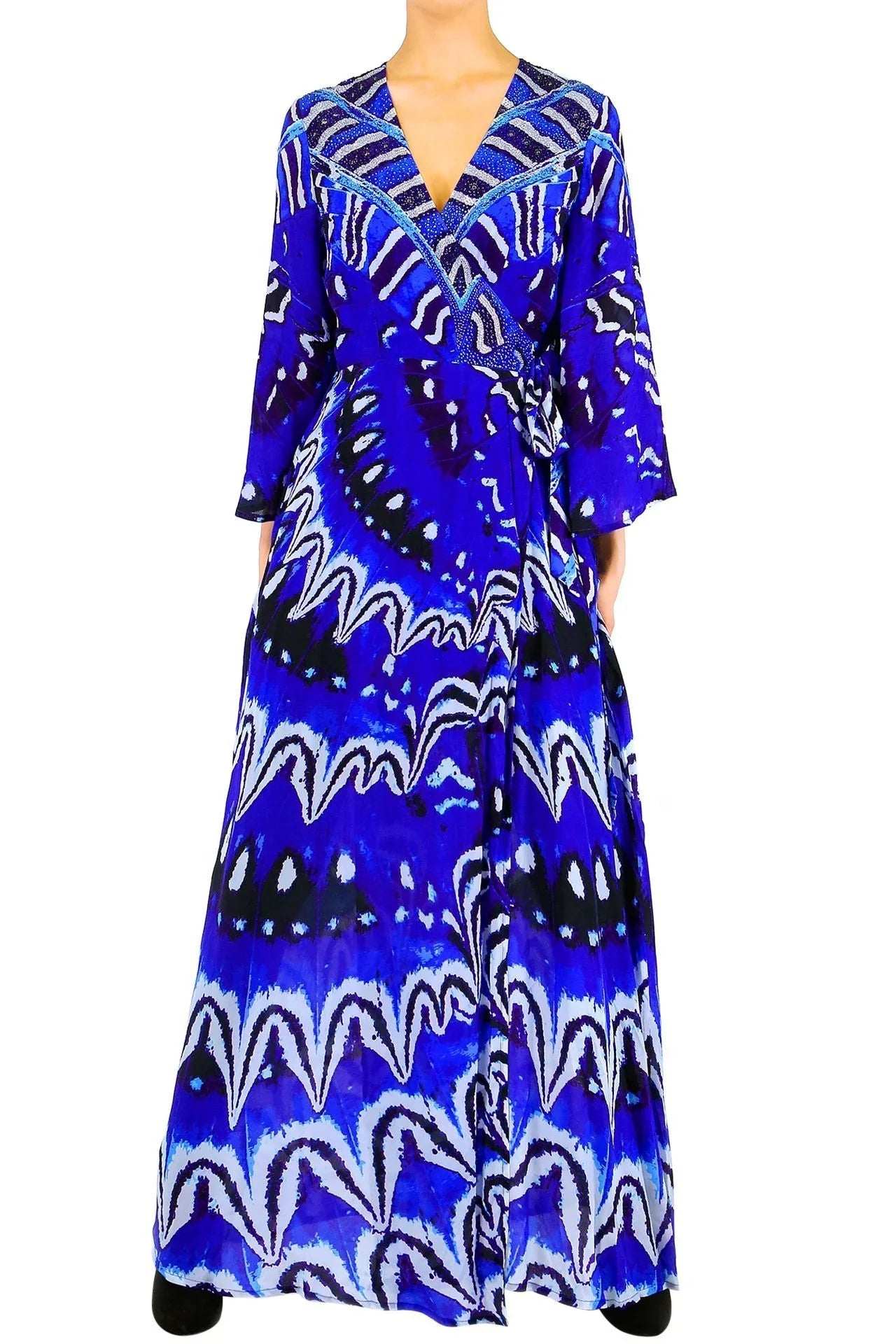 Blue Printed Wrap Maxi Dress with Long Sleeves